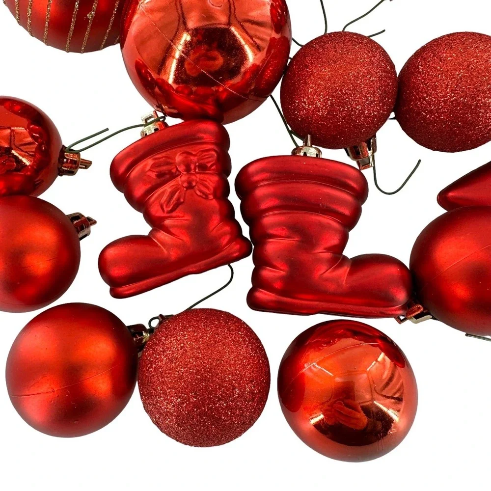 Lot 25 Christmas Ornaments Frosted Bells Striped‎ Tie-on Foil Vintage Red Retro